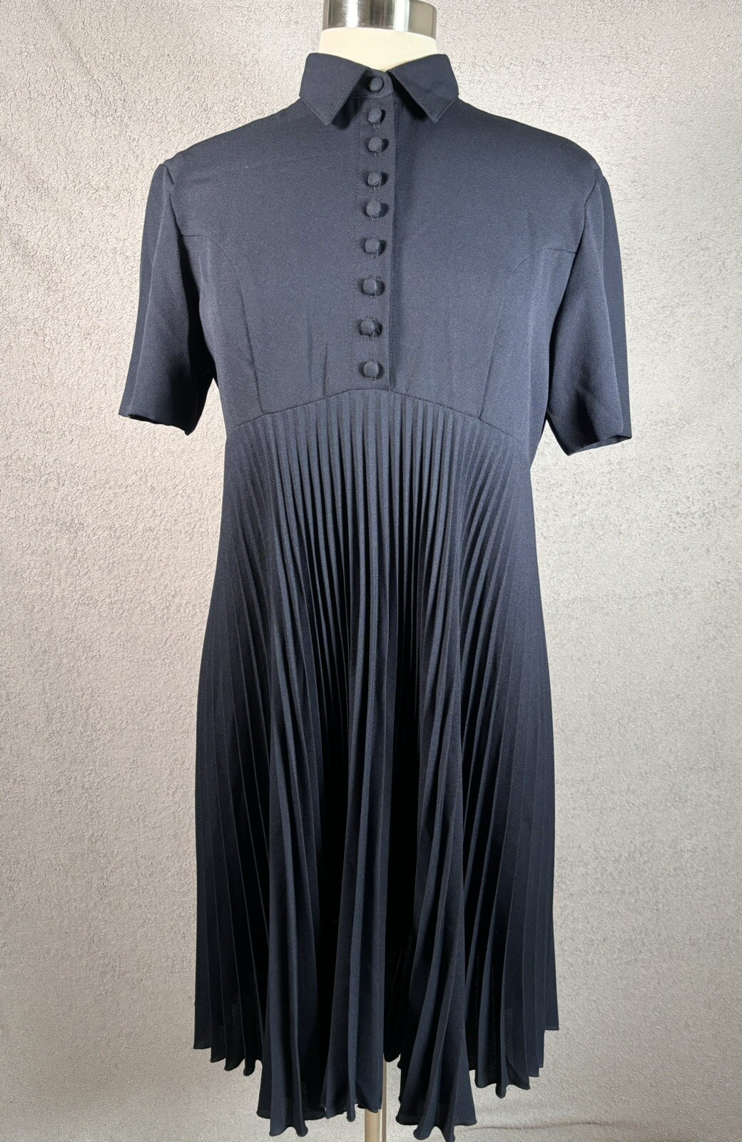 Vntg Wild Rose Dress Navy Blue Pleated Buttons Collar Short Sleeve Dark Academia