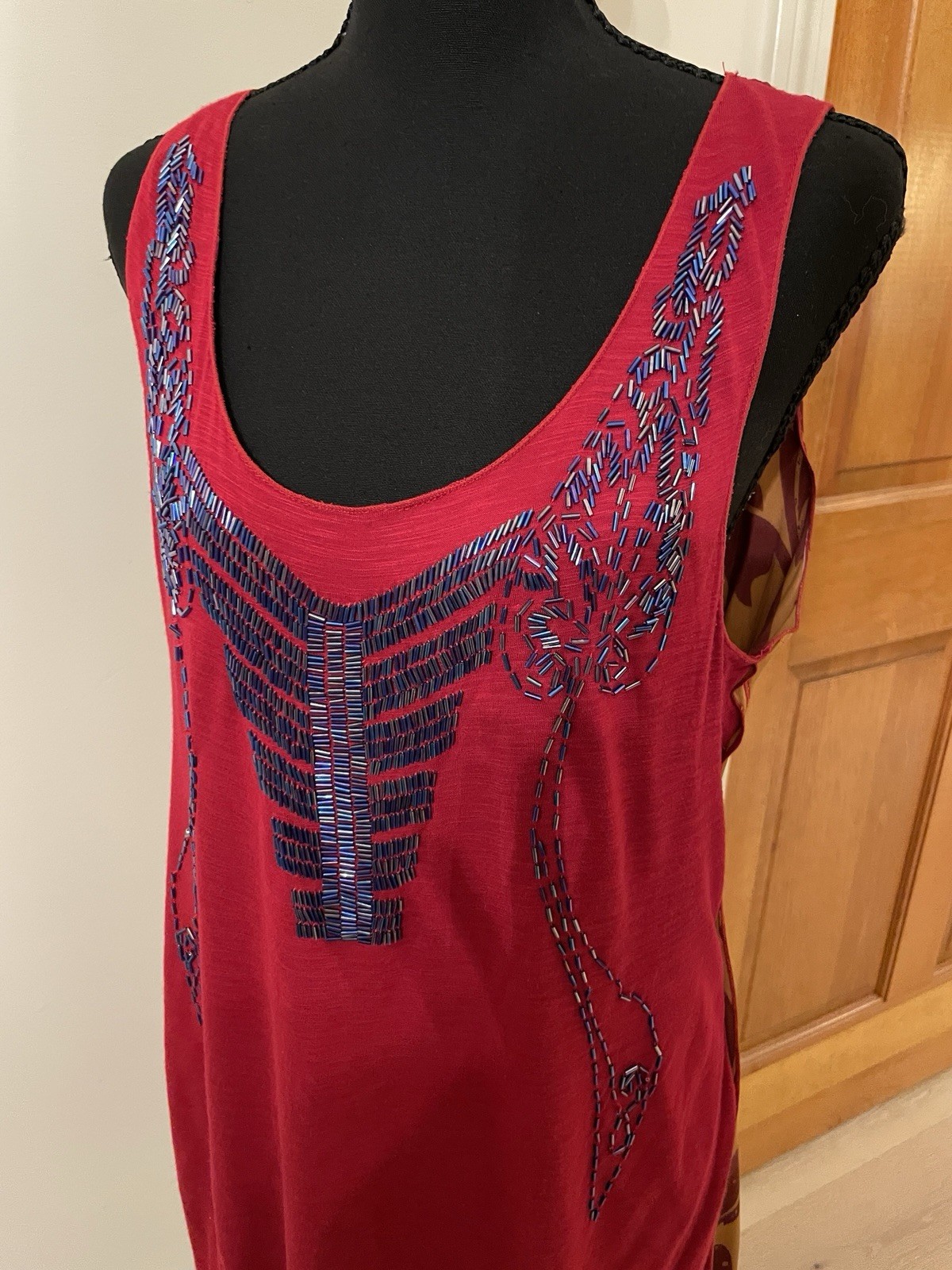 Vintage Beaded Dress Silk Blend Red Mixed Media Rare Deadstock Boho Beads, L