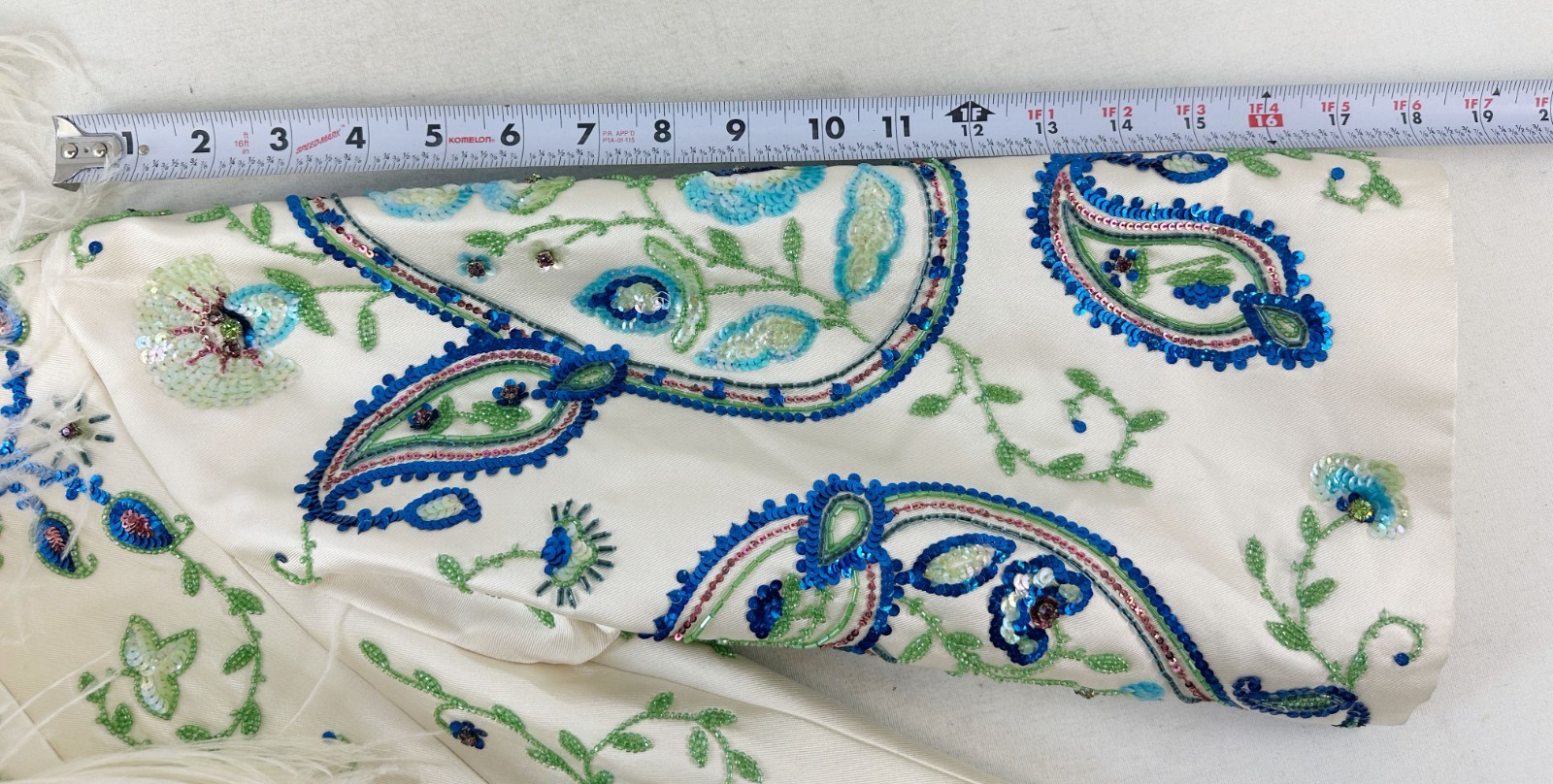 CHRISTIAN DIOR Paisley Ostrich Feather Coat 6 Ivory Blue Green Sequin Bead 2008