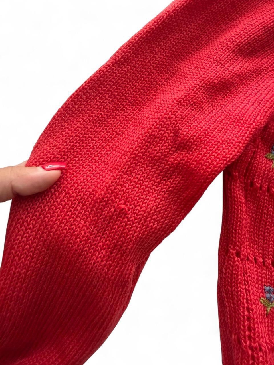 90s Vintage Embroidered Virgin Wool Floral Cardigan Red Large Cottage Grandma