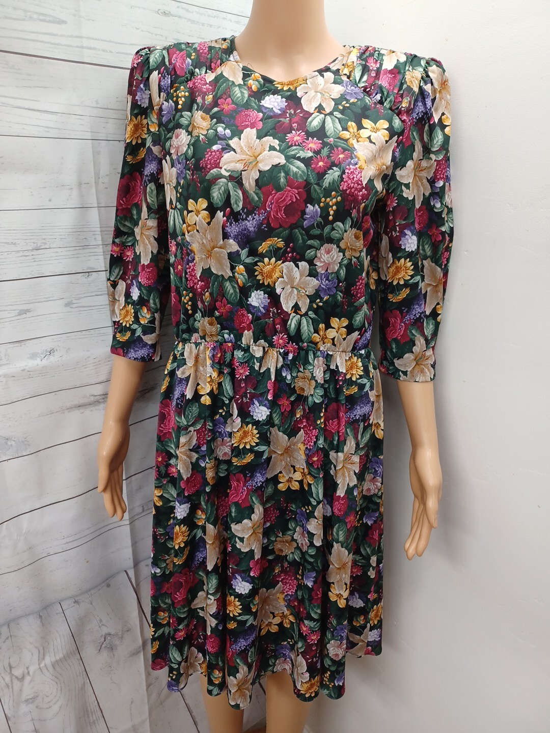 Vintage 80s Dress Floral Prior Tabby California Short Puffy Sleeves Secretary S