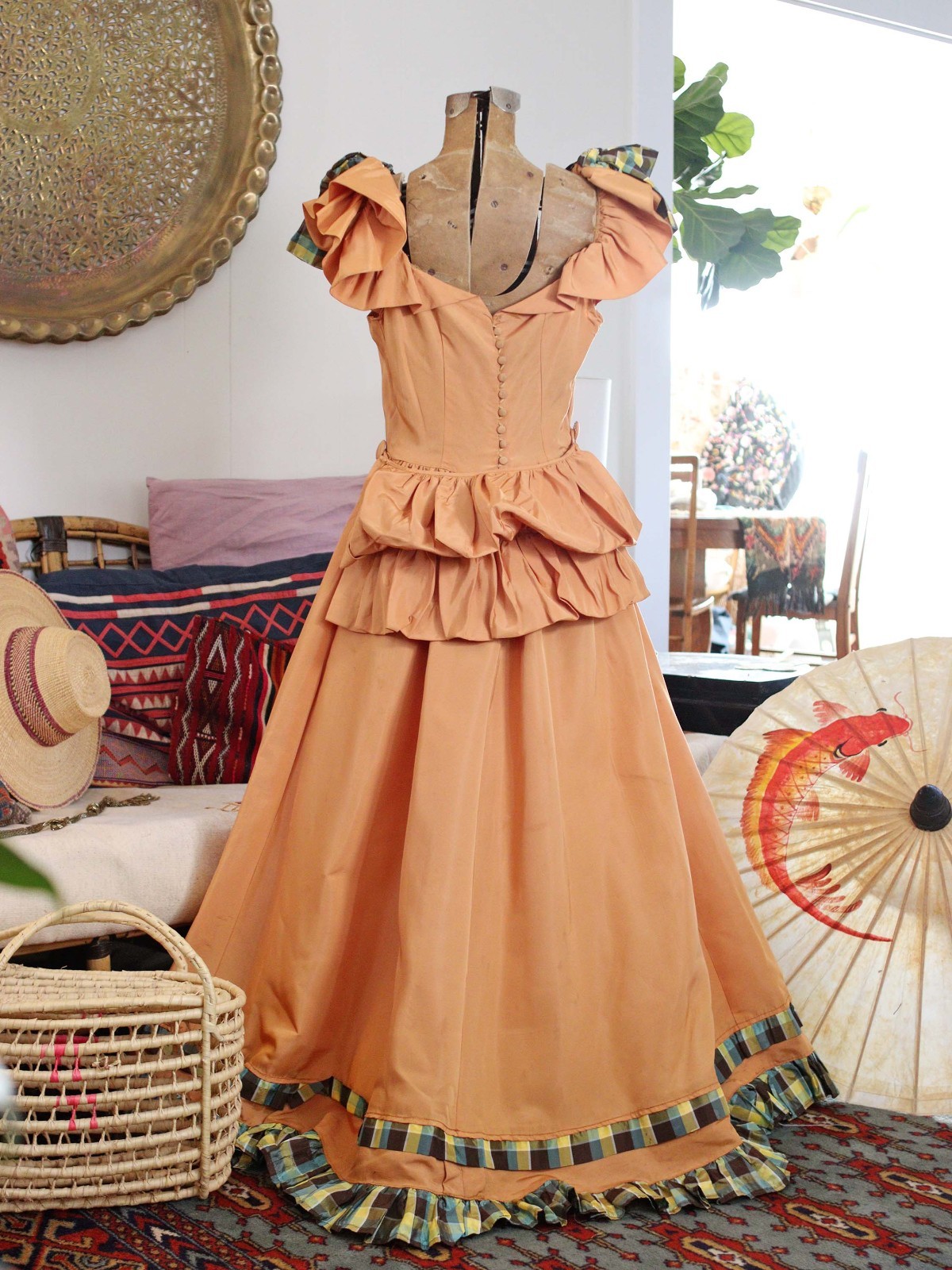 VTG 40s Southern Bell Maxi Gown Dress Ruffle Shoulders Bustle Back Gold Apricot