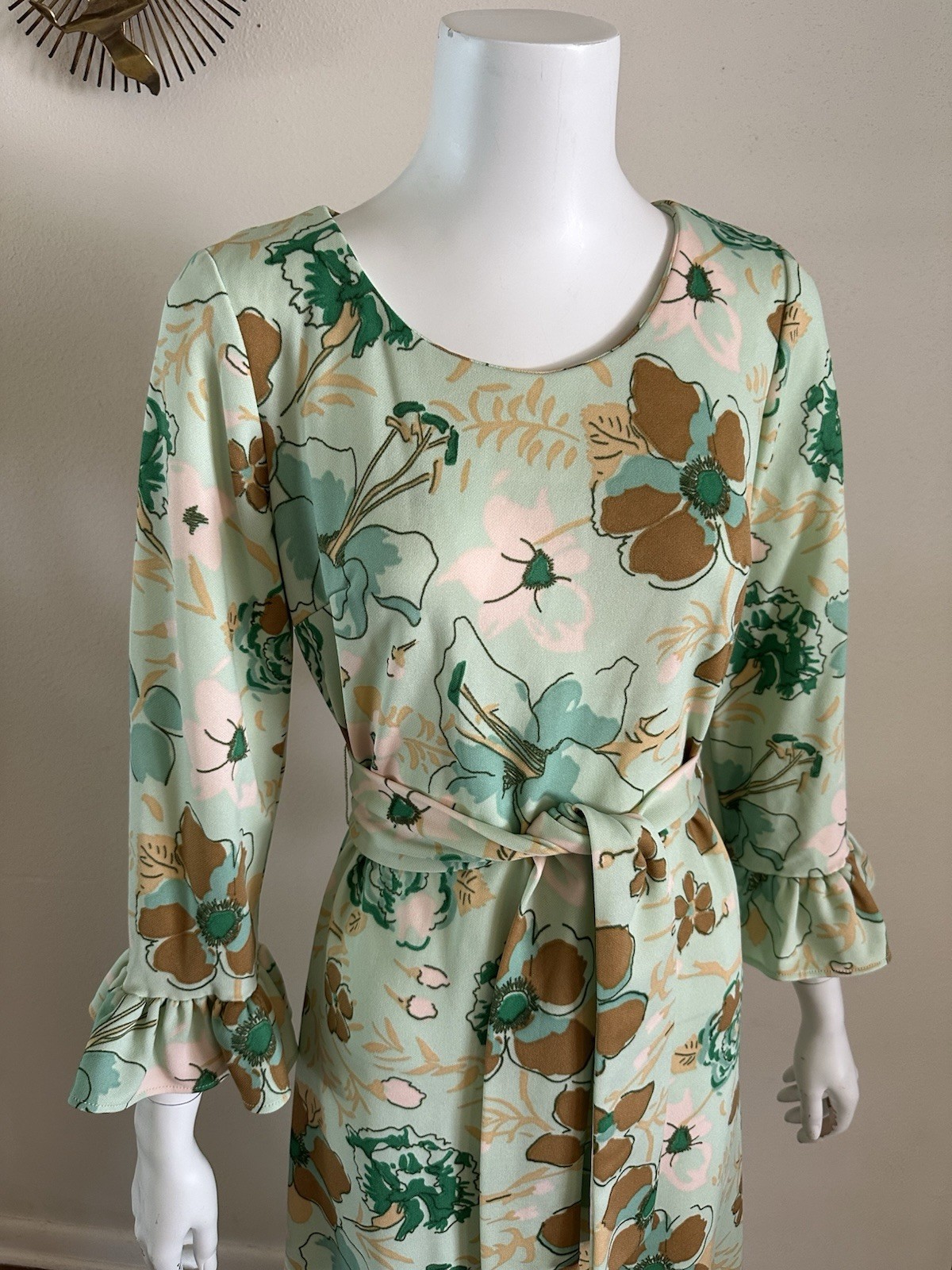 1970s Joan Curtis Floral Maxi Dress Mint Green Ruffle Belt Boho Resort Vintage