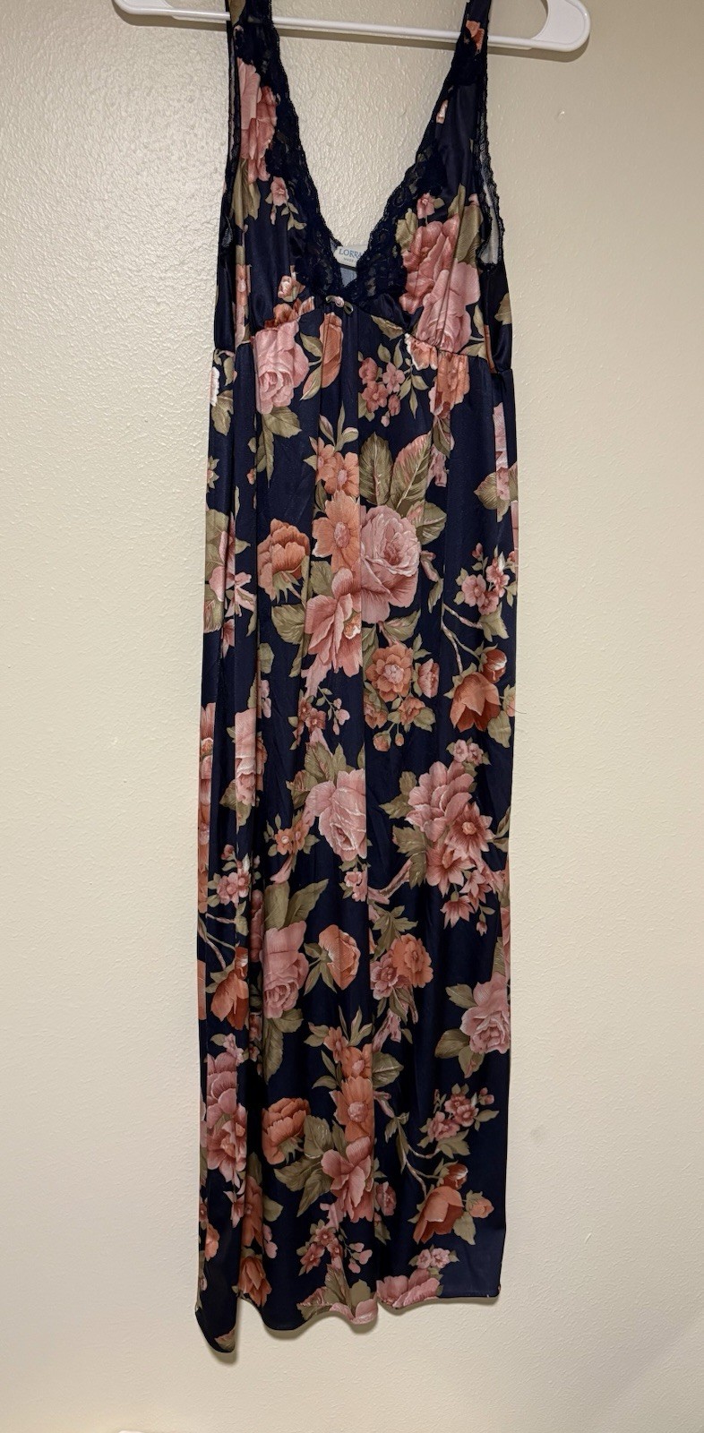 VTG Sexy 70s Lorraine Womens S Nylon Nightgown Retro Floral Blue Long Slip Dress