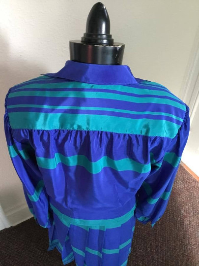 80’s Vintage Blue Green Striped Blouse Skirt Set