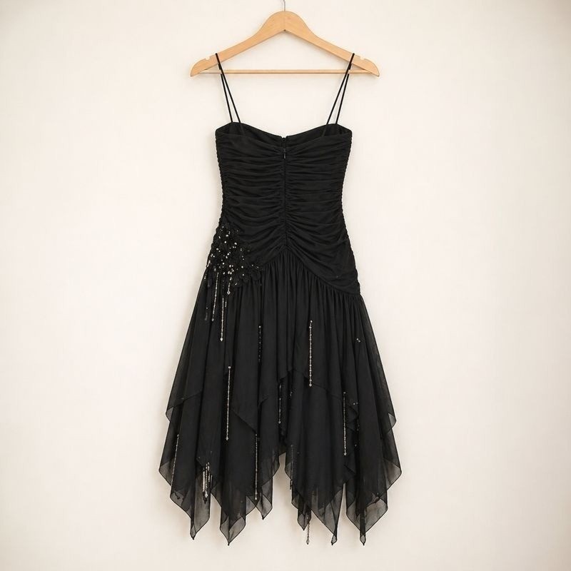 Vintage Elitra Casadei Black Ruched Beaded Sequin Cocktail Dress Sz 8 Hong Kong