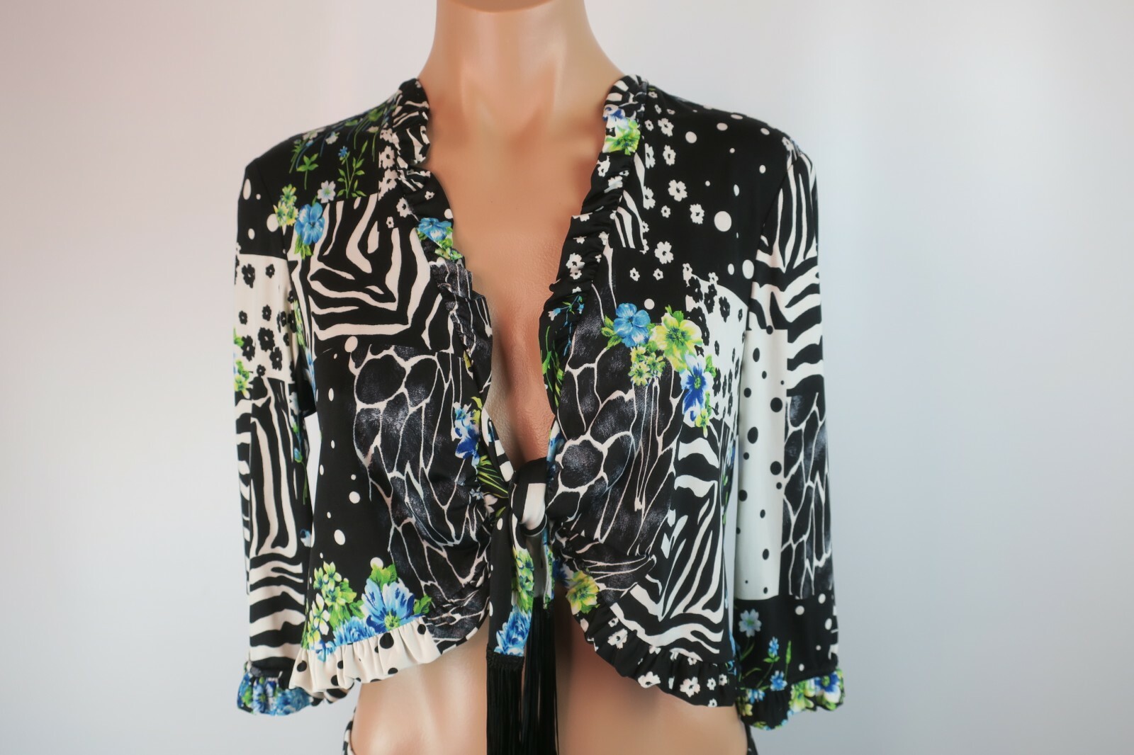 VTG JOSEPH RIBKOFF Skirt Fringe Floral Cover-Up Jumpsuit 2pc Playsuit Crop-top