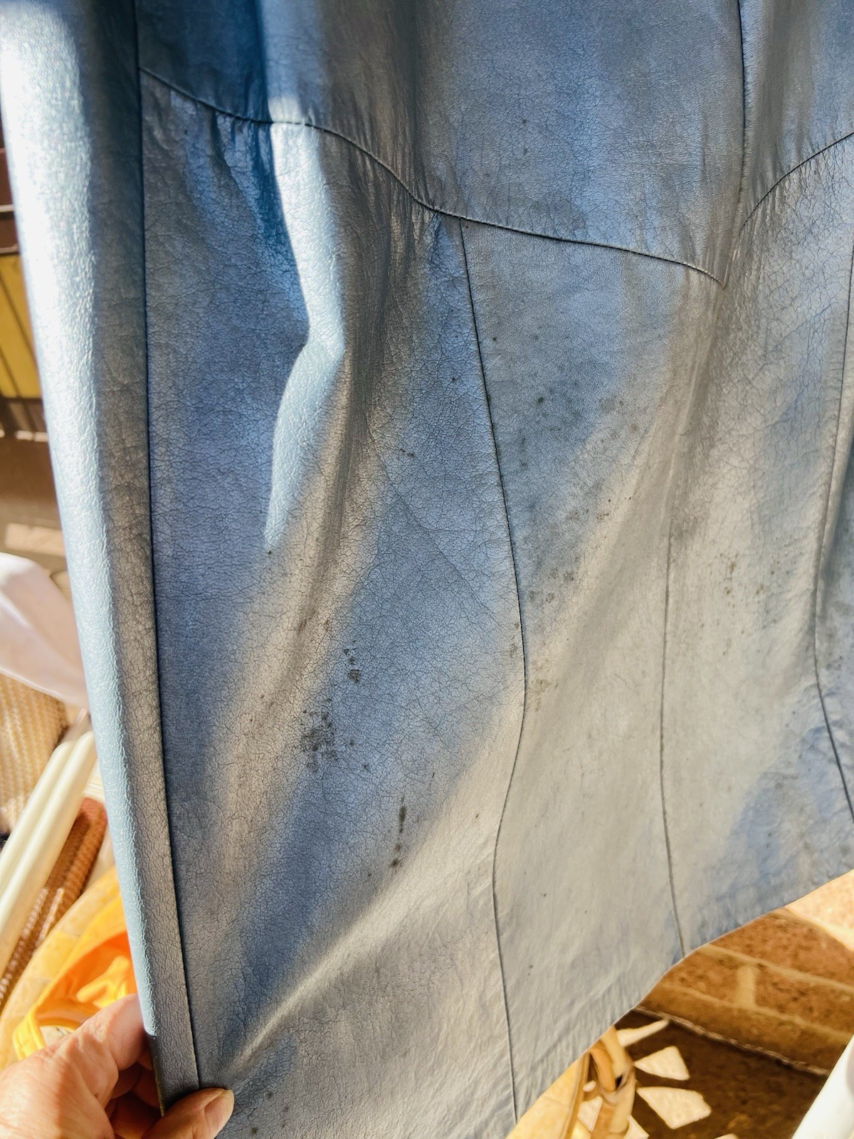 Vintage Shiny Blue Leather Coat w/ Fur Collar – No Lining or Brand, Still Sweet