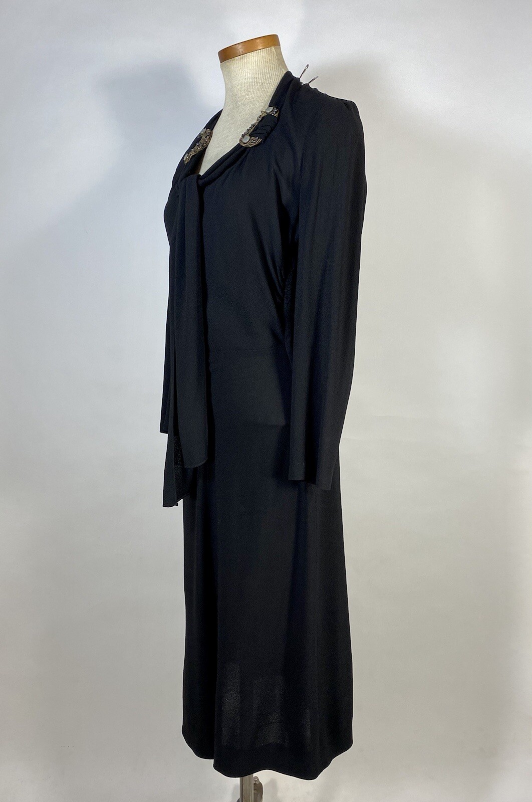 Vintage 1940’s black wool crepe dress with neckline tie & beading embellishment