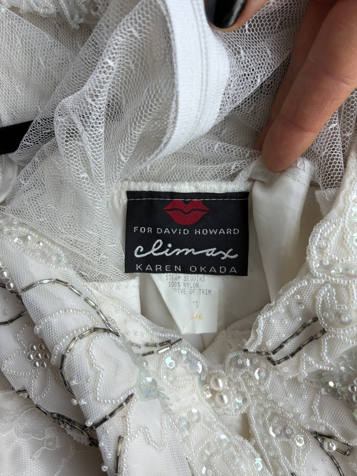 80s Vtg CLIMAX Karen Okada White Lace Angel Sleeve Dress Sheer Mesh Glam Mermaid