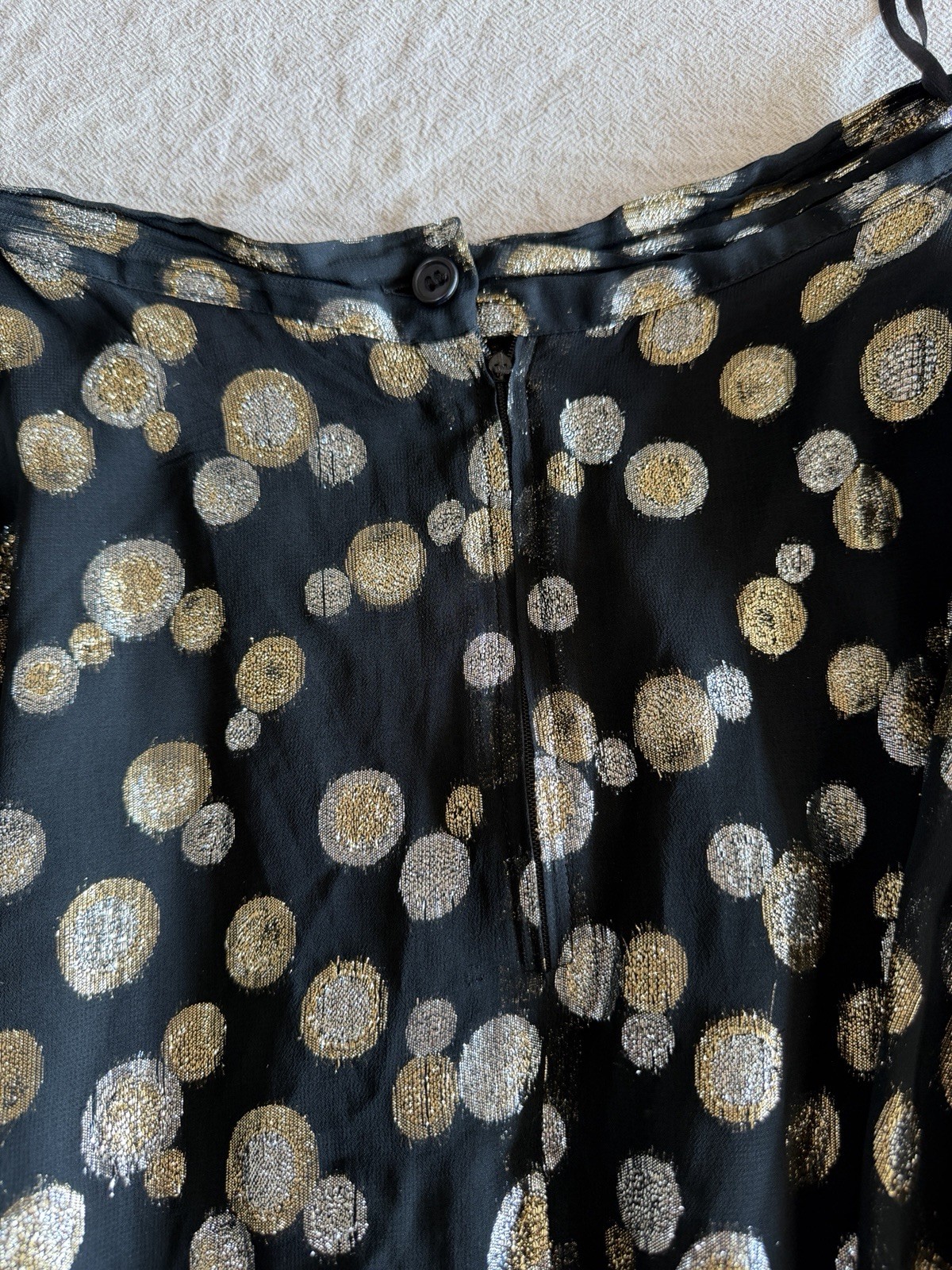 Vintage 80s Halston III Metallic Gold Silver Polka Dot Blouse Skirt Set Sz 10