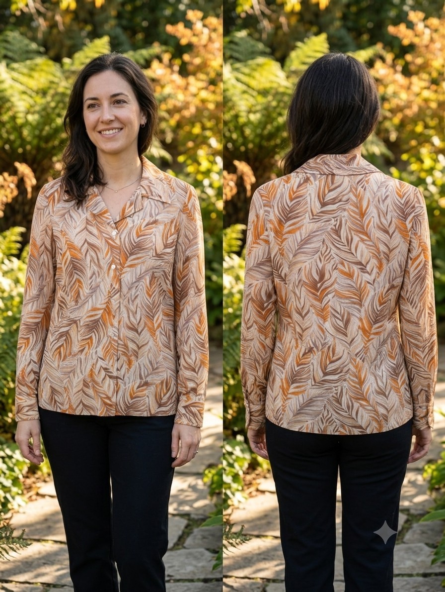 Vintage Prestige of Boston Earthy Leaf Print Blouse Retro 70s Dagger Collar