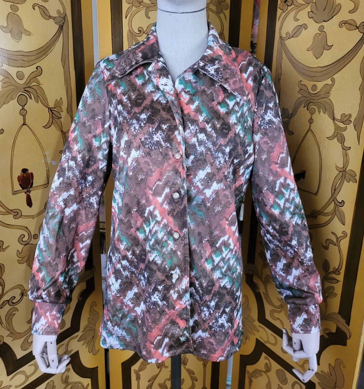 JEANNE DURREL Vtg Art Print Psychedelic Disco Blouse Butterfly Collar M 60s/70s