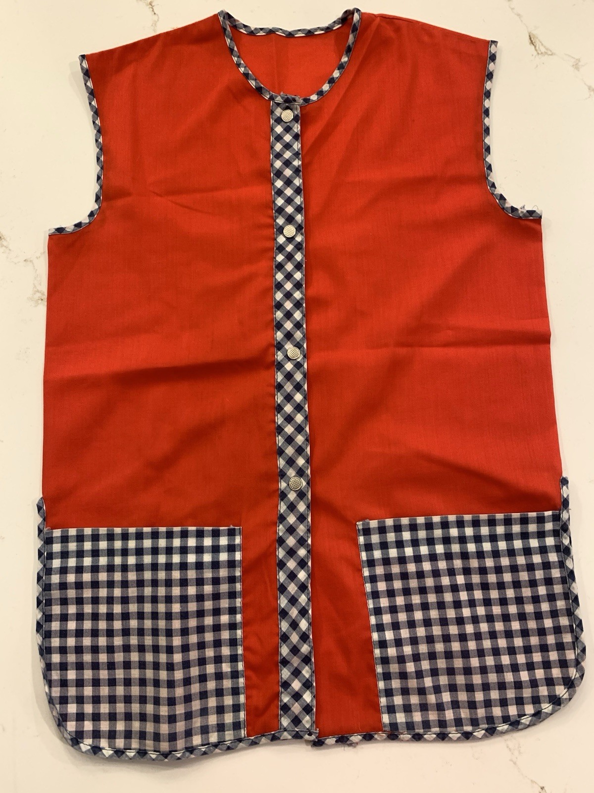 Vintage 60’s House Coat Blouse Red / Black Checkered Snap Front Top Size Small