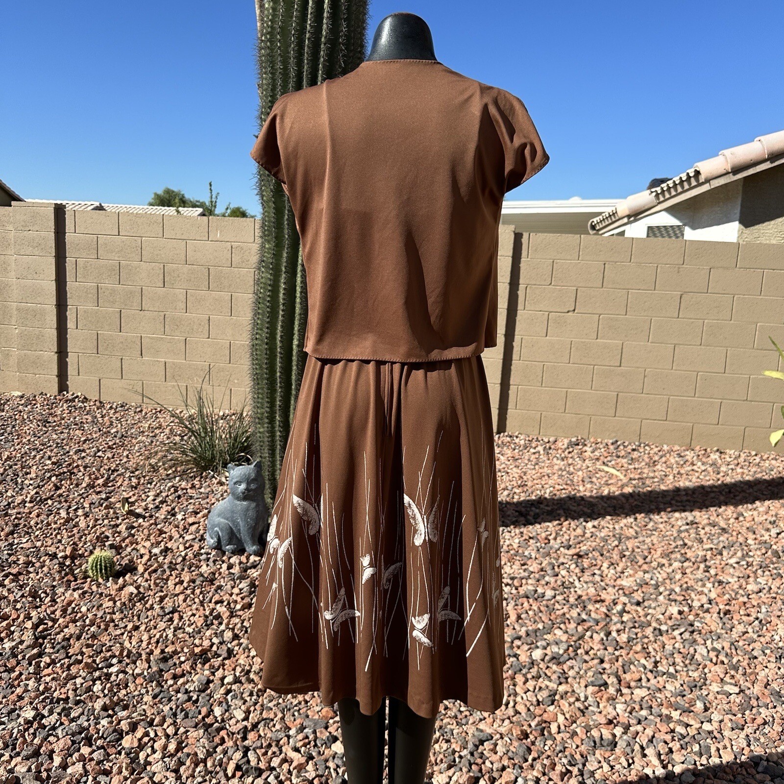 Vintage 70s Alfred Shaheen Brown Pleated Butterfly Dress Bolero Set Fits Sz 8