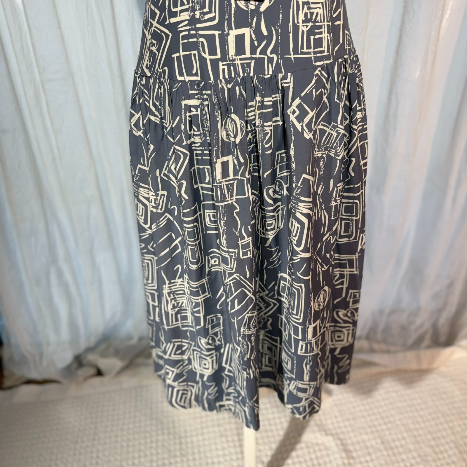 Vtg 80s Abstract Drop Waist Dress RAYON Belted LACE Ed Michaels 6 Preppy NewWave