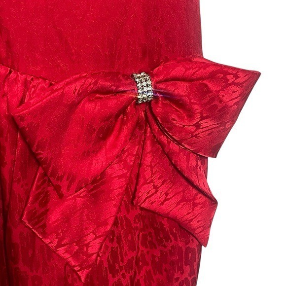Vintage 80s R&K Silk Dress 6 Red Midi Drop Waist Bow Rhinestone Puff Sleeves