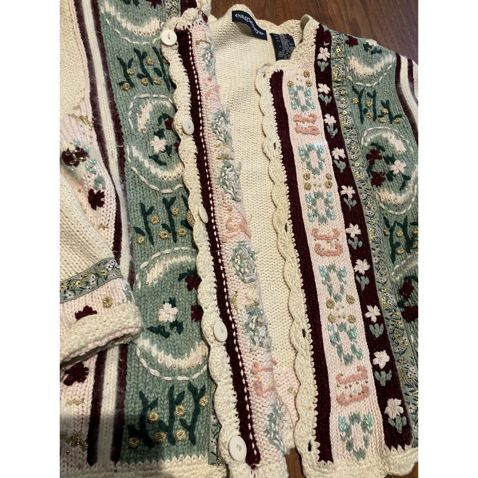 VTG Eagle’s Eye Small Embroidered Floral Beige Gold Green Pink Cardigan Sweater