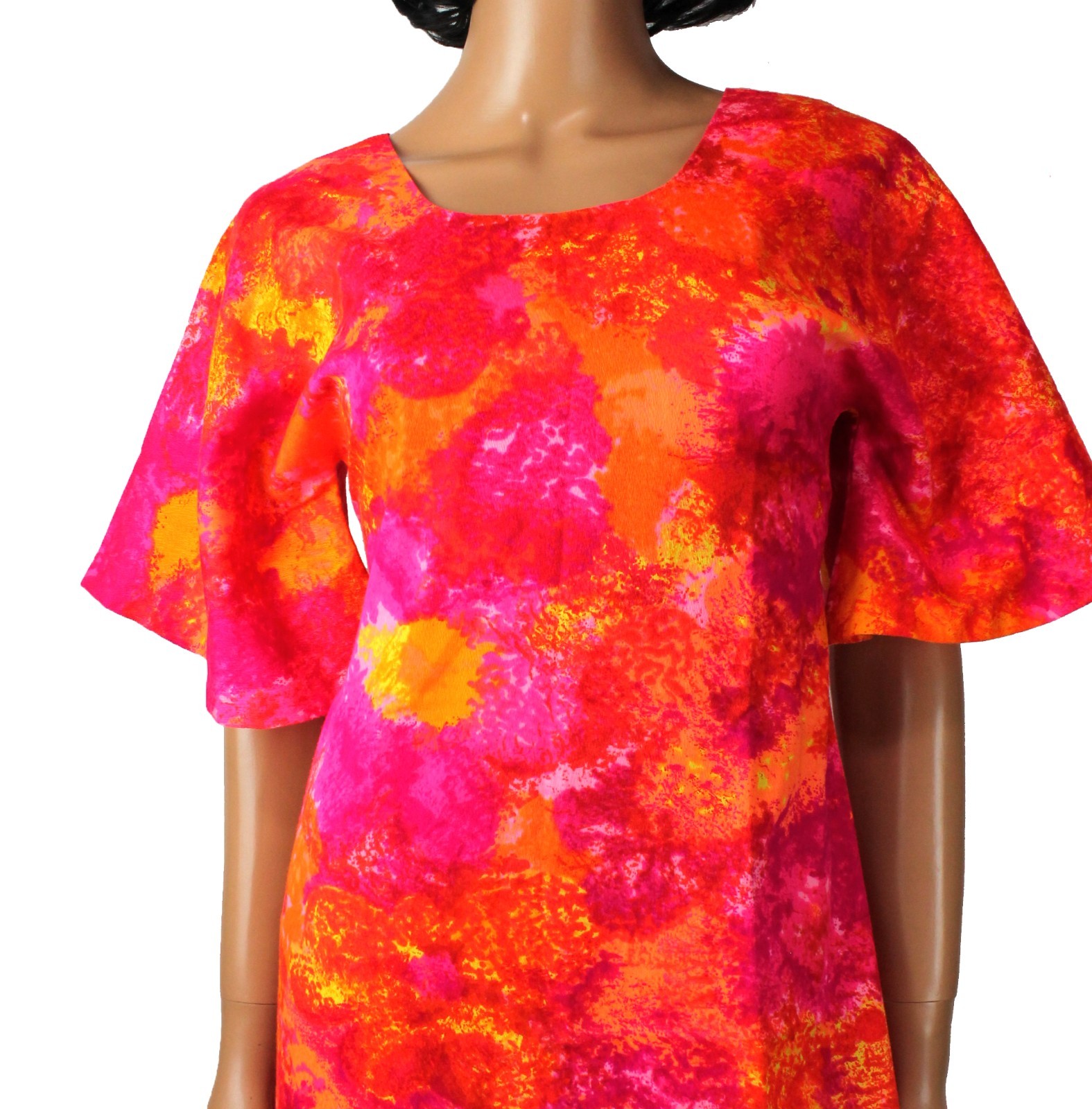 70s Hawaiian Maxi Dress Sz XS Vintage Bright Orange Pink Floral Long Cotton Mumu