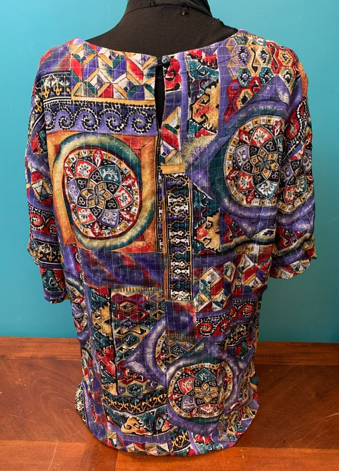 Vintage 90’s Multi Color Multi Pattern Rayon Top- 16, Purple Yellow Red Metallic