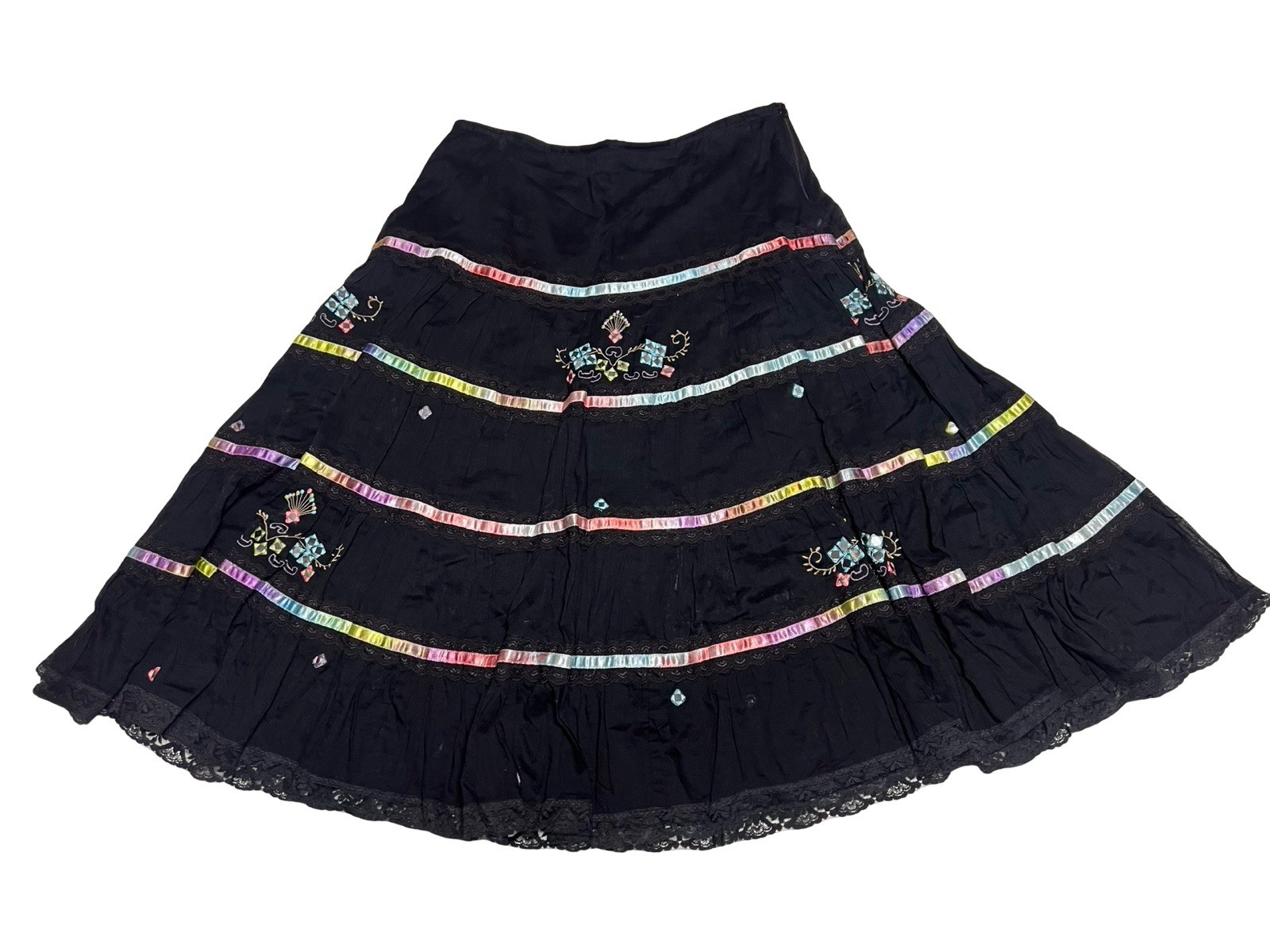 Vintage Y2K 90s Tiered Skirt XL Black Layered Boho Whimsigoth Festival Lace