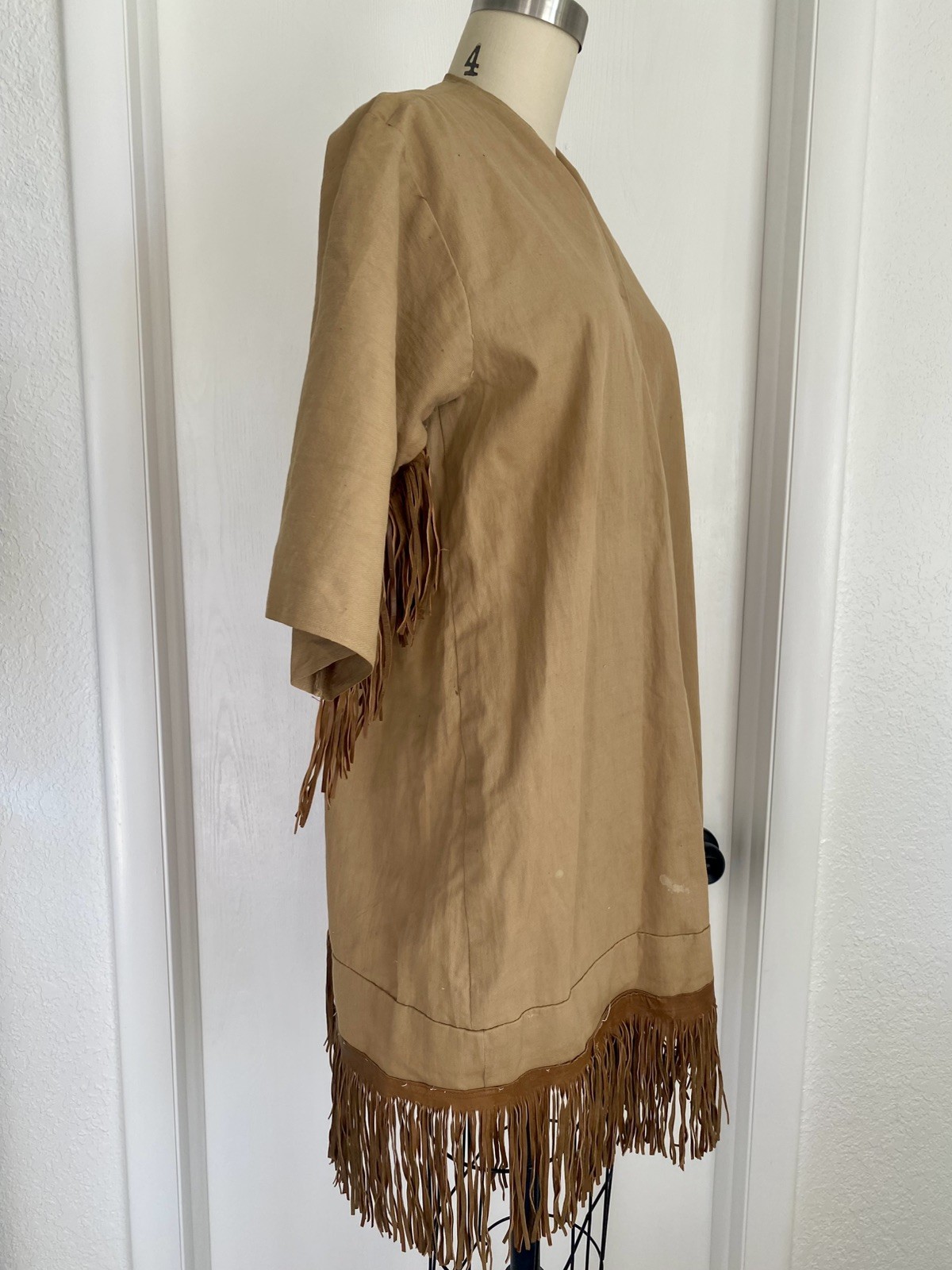 Vtg Western Fringe Tunic Dress With Leather Fringe Hippie Boho 70s – M