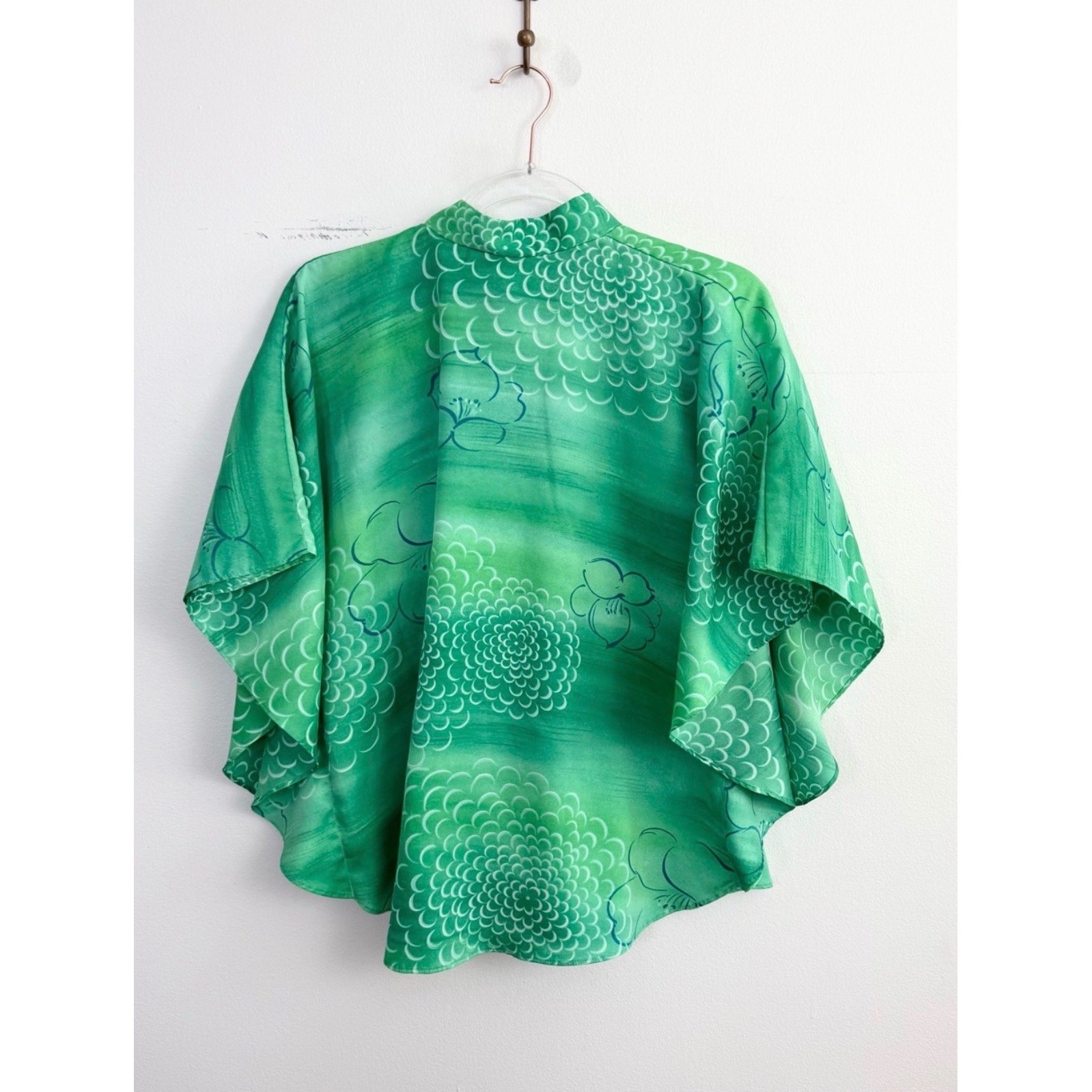 Vintage Hawaiian Palm Green Floral Kimono Sleeve Dolman Blouse S/M