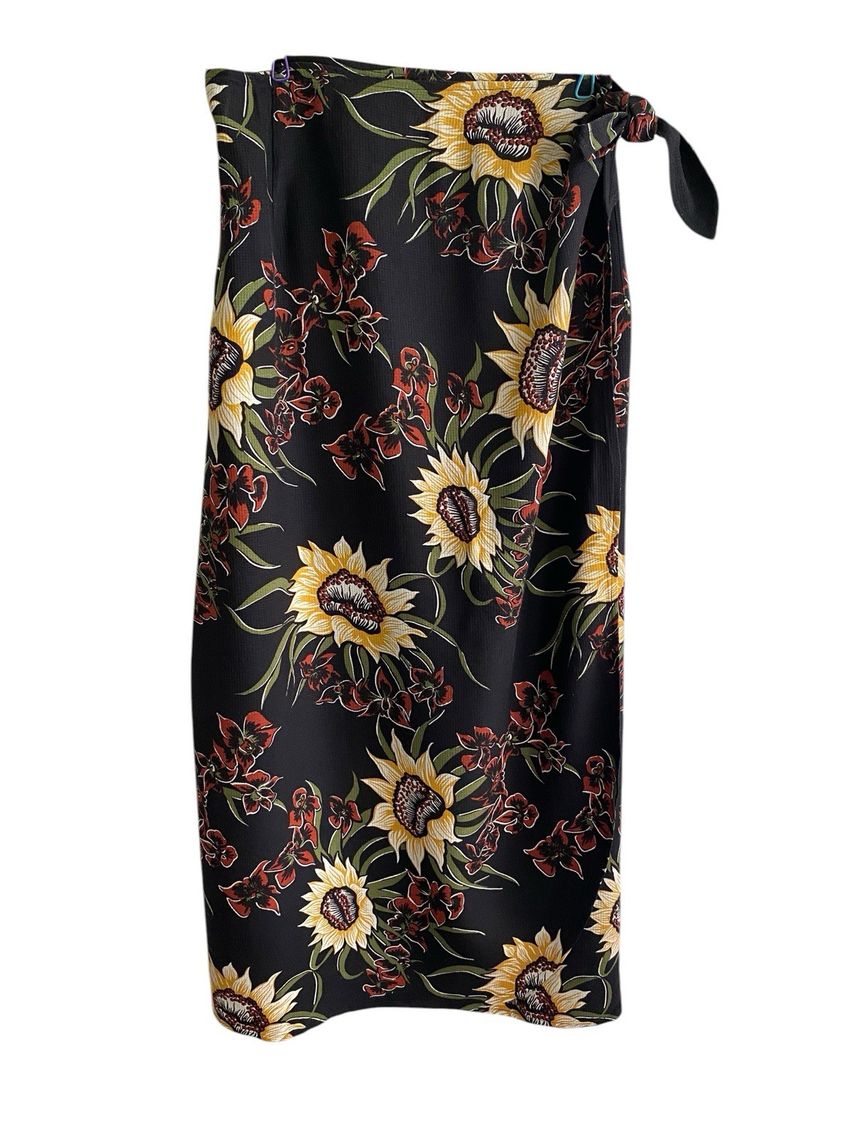 VTG Tommy Bahama Wrap Skirt Large Silk Maxi Sunflowers Hip Tie Beach Black