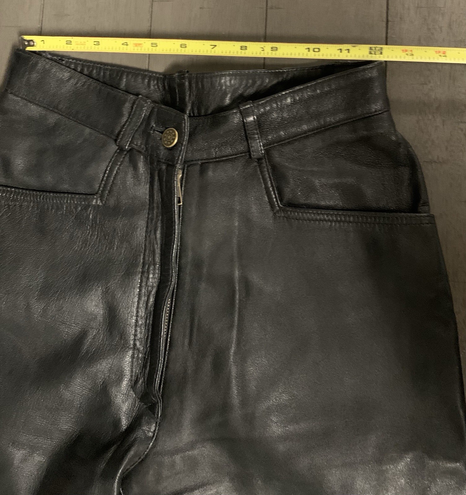 B1 Y2K CANDA C&A BLACK SOFT LEATHER PANTS SZ 4 RAW HEM BOOTCUT MOTORCYCLE 24×31”