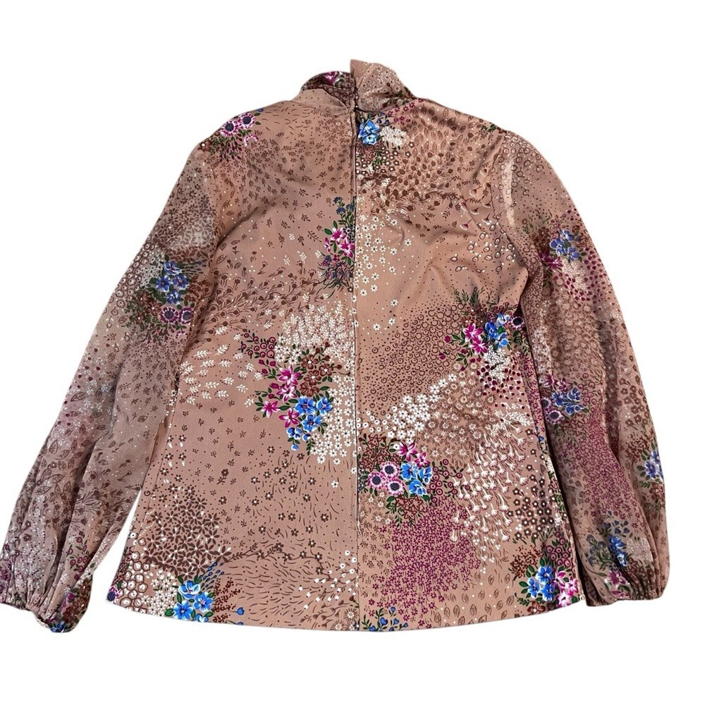 Vintage 60’s Floral Polyester PussyBow Blouse Size 10