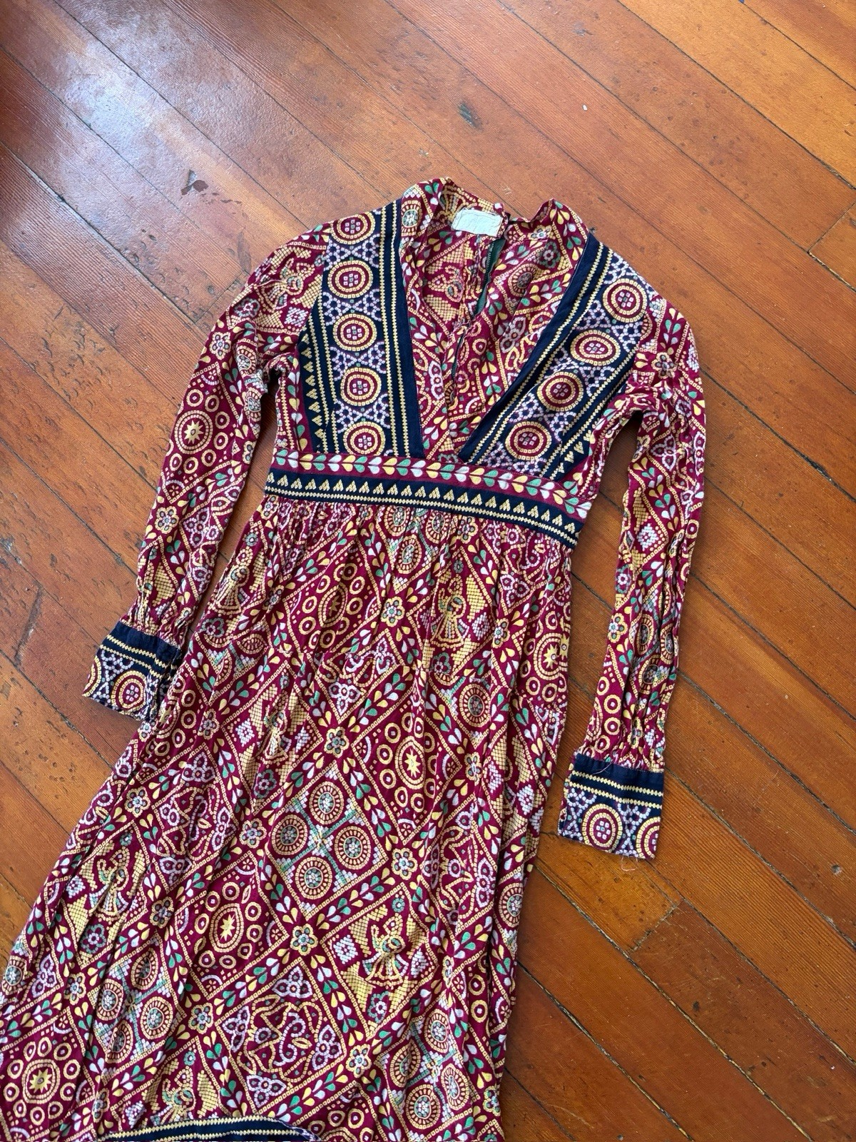 60s 70s Artisan Printed Pakistani Cotton Boho Hippie Empire Waist Maxi Dress XS