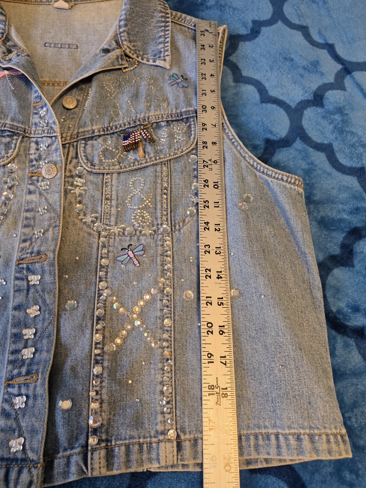 Vtg Old Navy Large Womens Jeans Vest Diva Patches Jeweled Pins Biker Vest