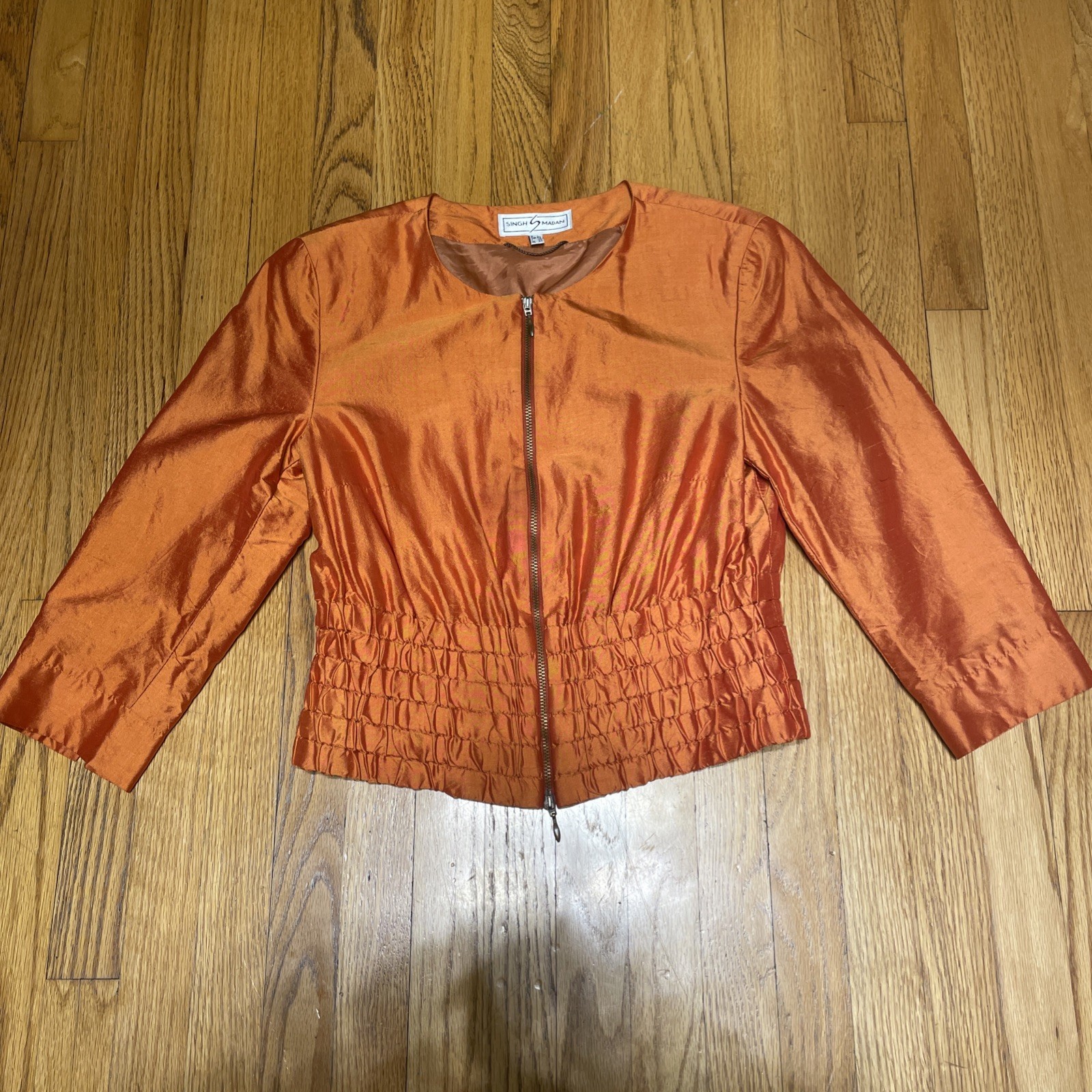 Vintage Singh S. Madan Silk Bronze Orange 100% Silk Bomber Jacket US 4 Small