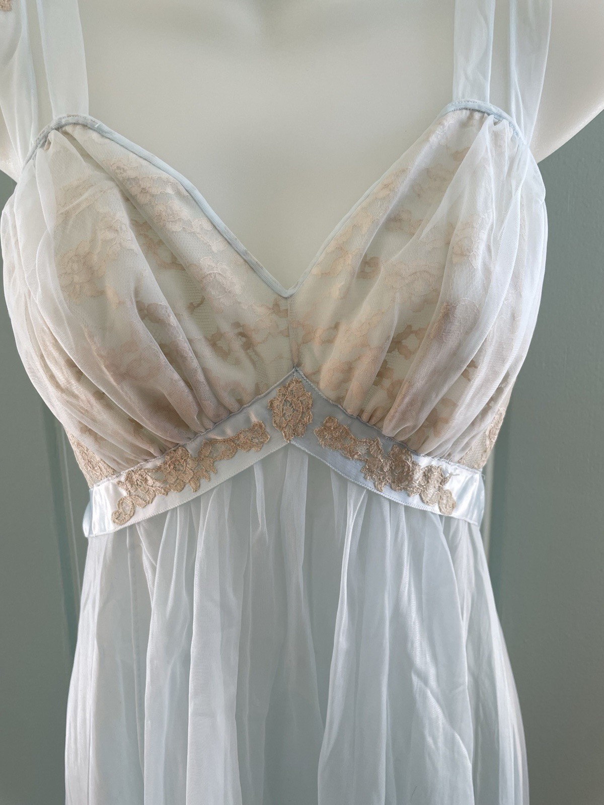 Vtg Vanity Fair Blue Gown Lingerie Lace Bodice Old Hollywood Chiffon Babydoll