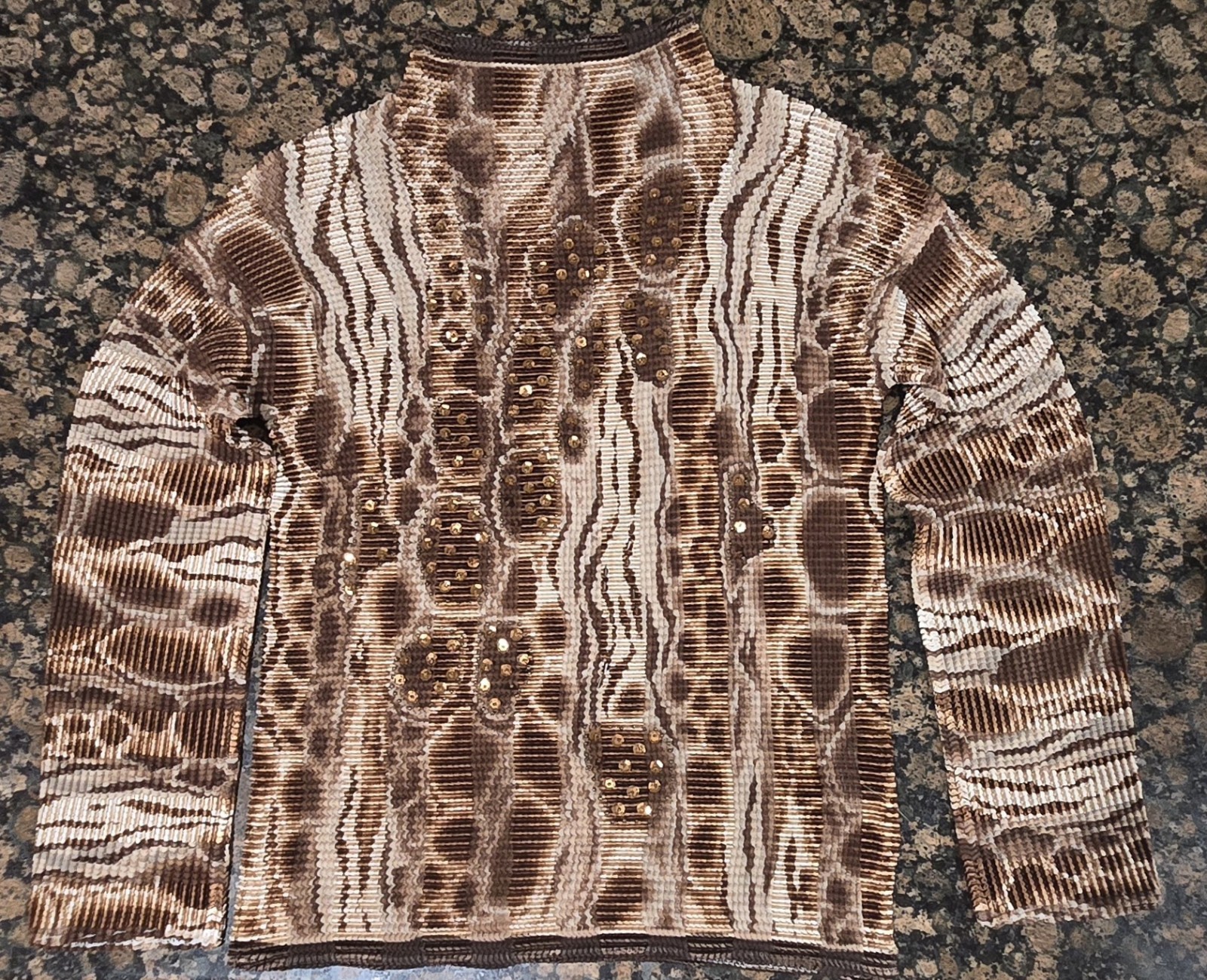 1990s Copper Sequined Earthtone Abstract Animal Print Crinkle Pleated Top S-XL