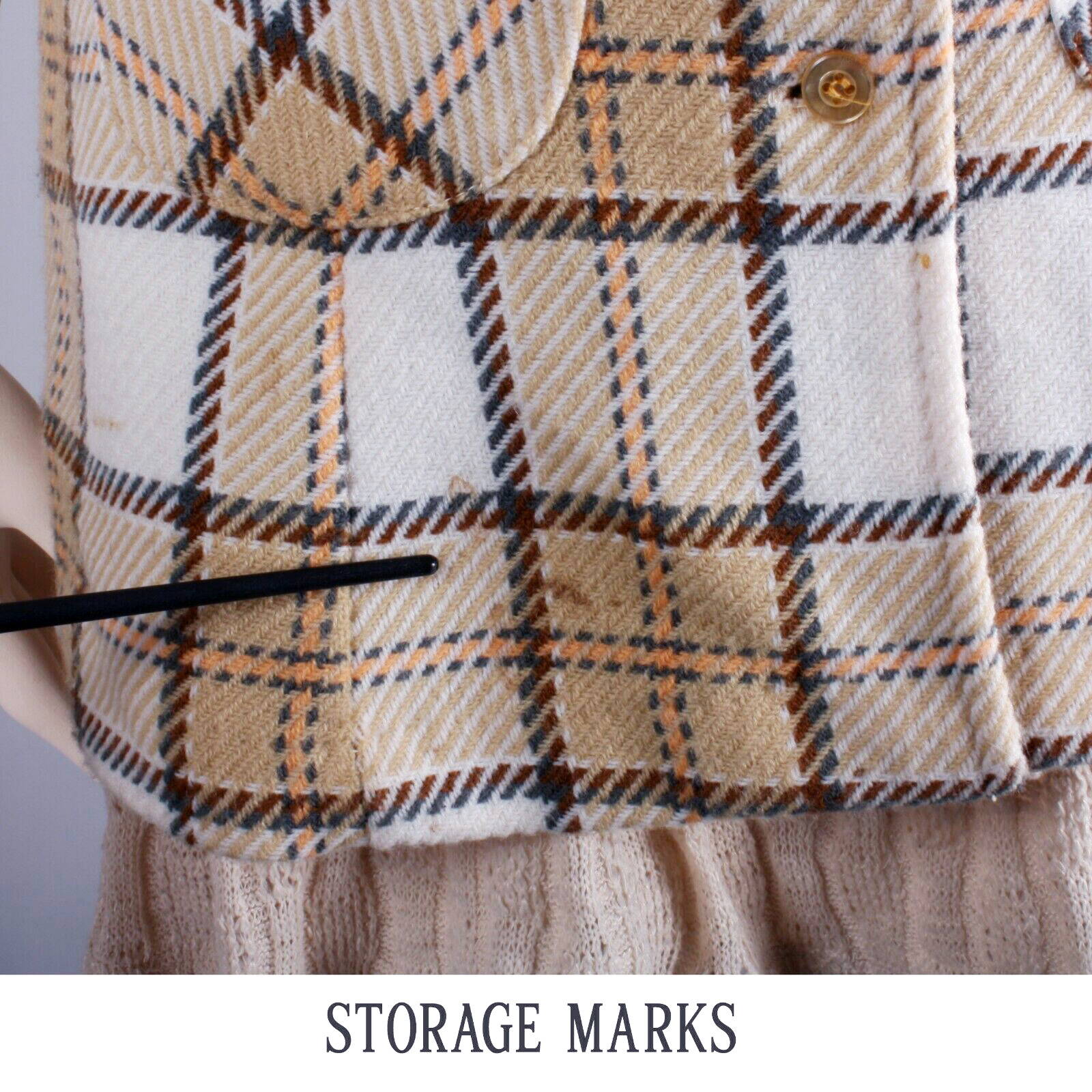 S Vintage 1960s MISS HOLLY Tan White Plaid Mod Top Long Vest Shirt w Pockets 60s