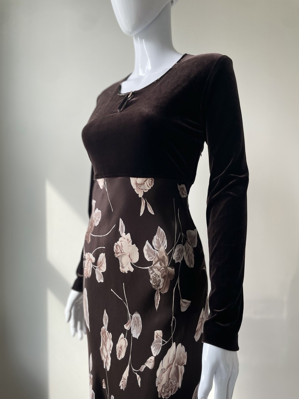 Vintage S M Dress Maxi Velour Satin Rose Floral print 90s Brown VGUC