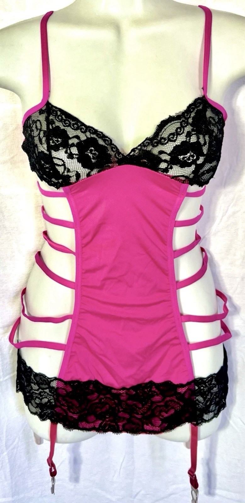 H.O.T. Fuschia Black Lace Body Slimmer Open Bottom Garter Sexy Lingerie One Sz