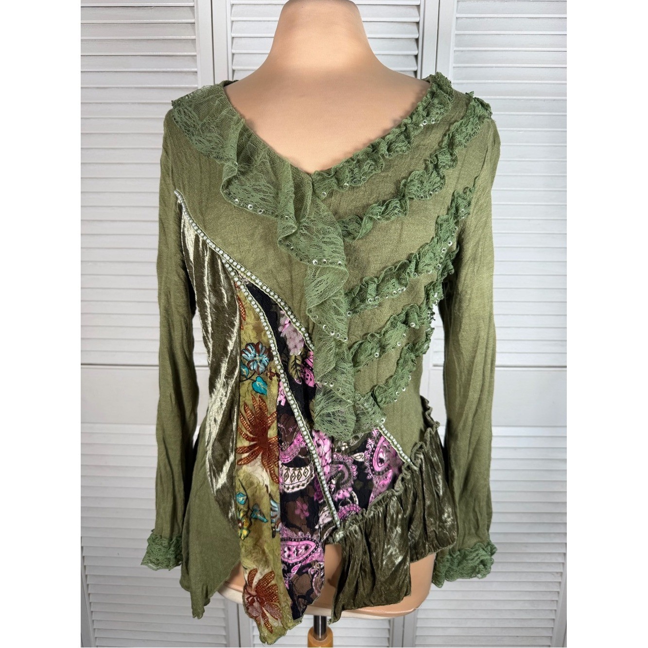 Olive Green Boho Patchwork Lace Tunic Top Fairy Grunge Y2K Boutique