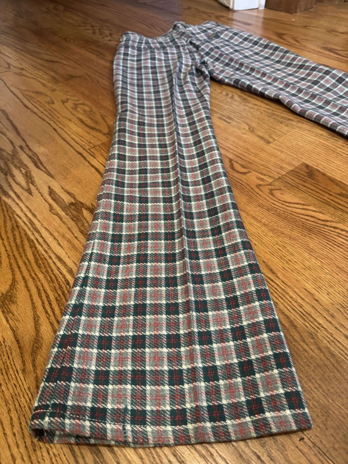 Vtg 1970s Maverick Plaid Pants XS 24×31 Green Red Checkered Bell Bottoms EUC