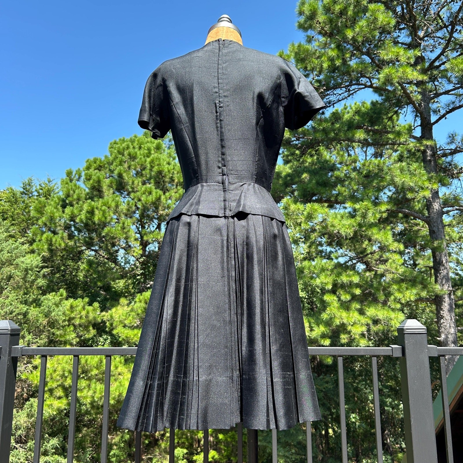 Vintage 50s Black Raw Silk Pleated Peplum Mini Dress by Jonathan Logan XS S