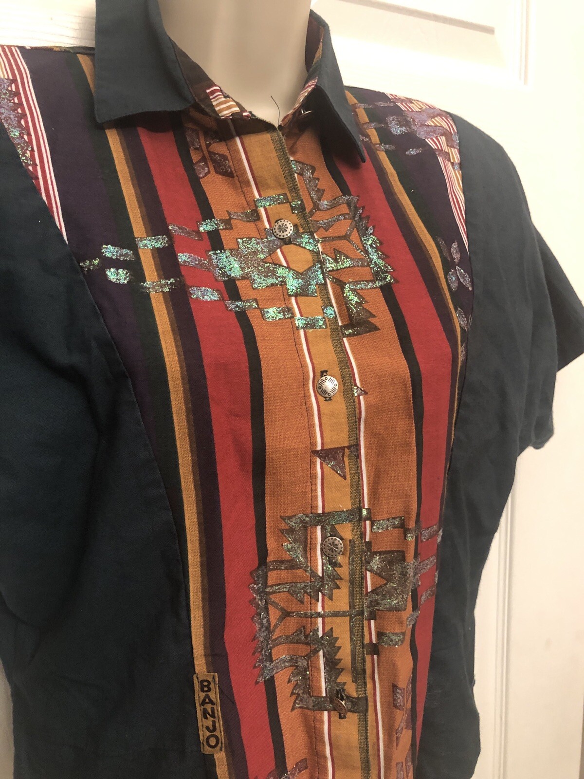 Vintage Banjo Texas Western Wear Womens Crop Shirt Size M Rodeo Square Dancing