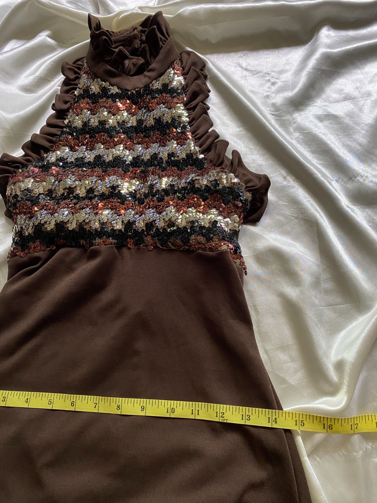 Vintage 1970s Brown Sequin Halter Ruffle Prom Gown Boho Disco XS/S