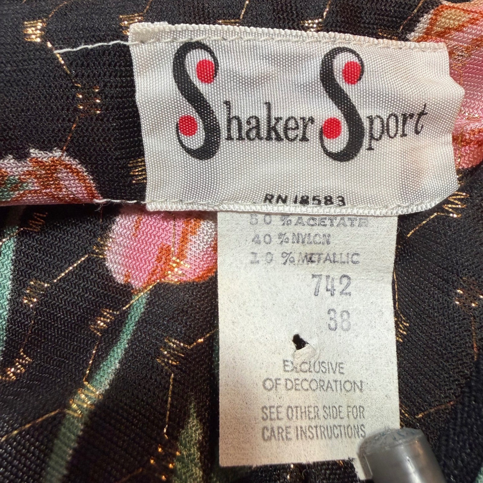 Vintage Shaker Sport Floral Metallic Gold Bell Sleeve Wrap Top Black Pink 38