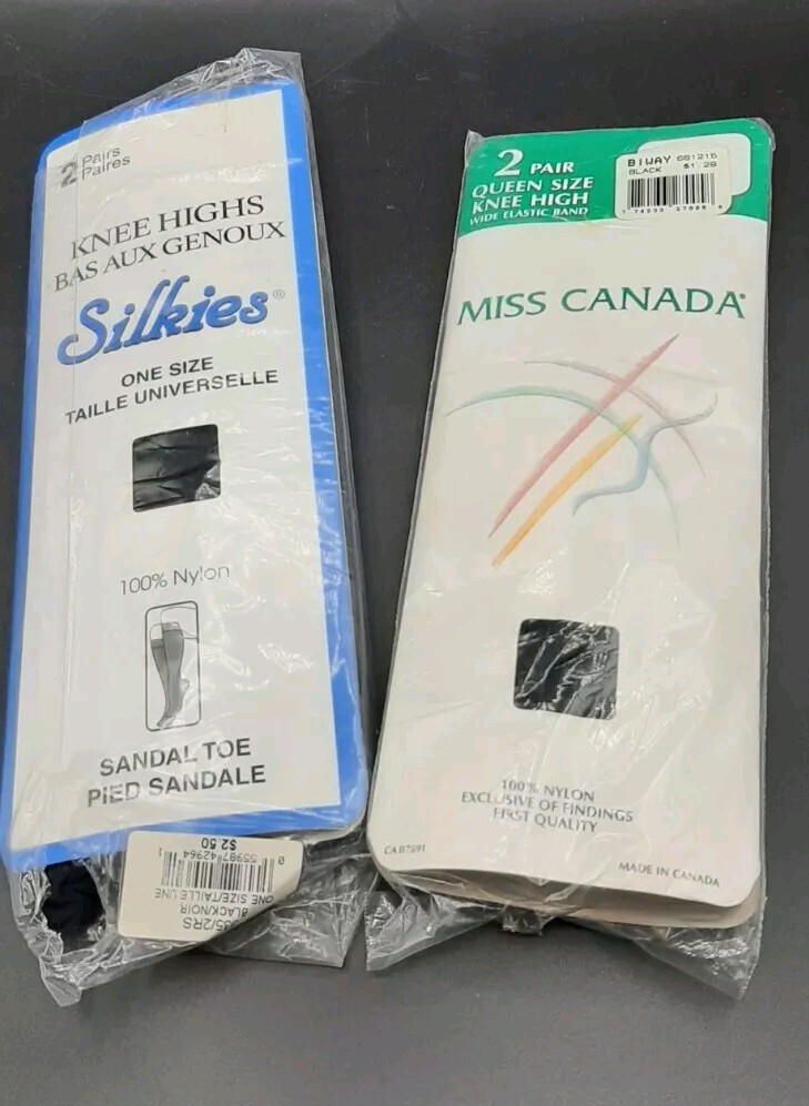 NOS 5 Woman’s Pantyhose & Two Knee Highs Silkies Fairweather Miss Canada Normal