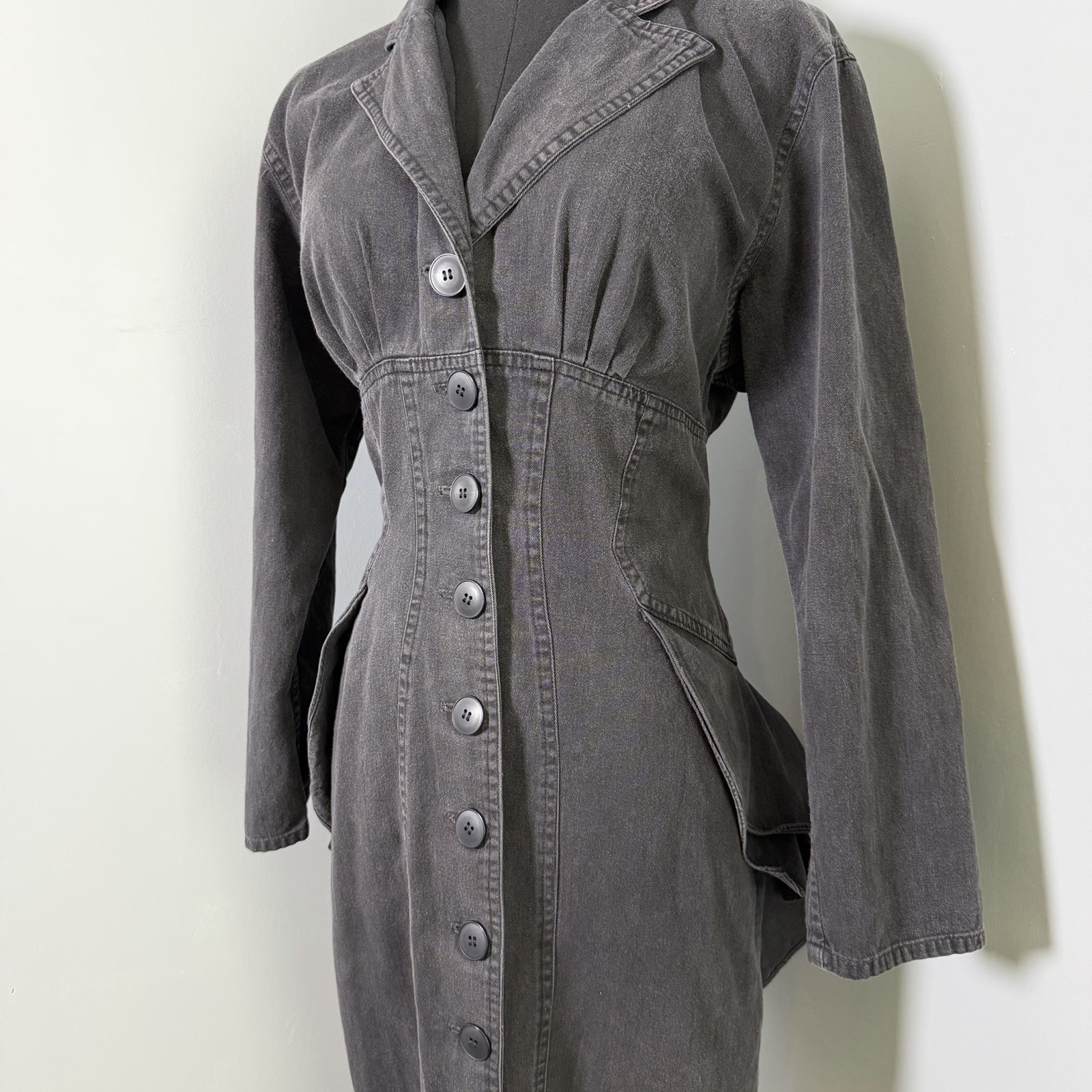 Vtg Rhonda Harness Foxy Lady Black Denim Corset Maxi Dress Goth Avant Garde 90s