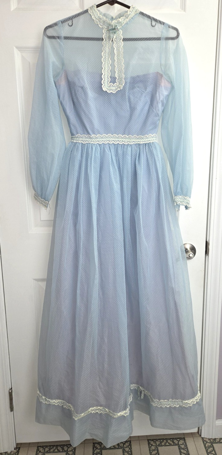 VTG Handmade Blue Flocked Dotted Swiss Dot Maxi Dress Prairie Cottagecore Small