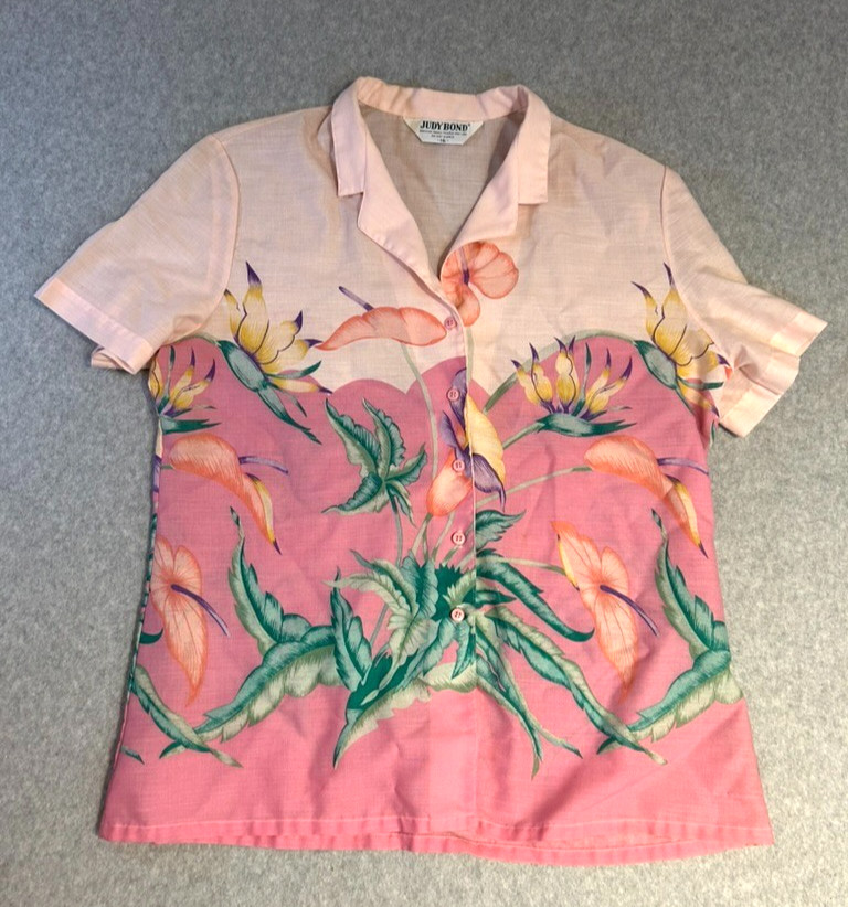 JUDY BOND Women’s Hawaiian Shirt Vintage Size 16 Pink And Green Floral Pattern