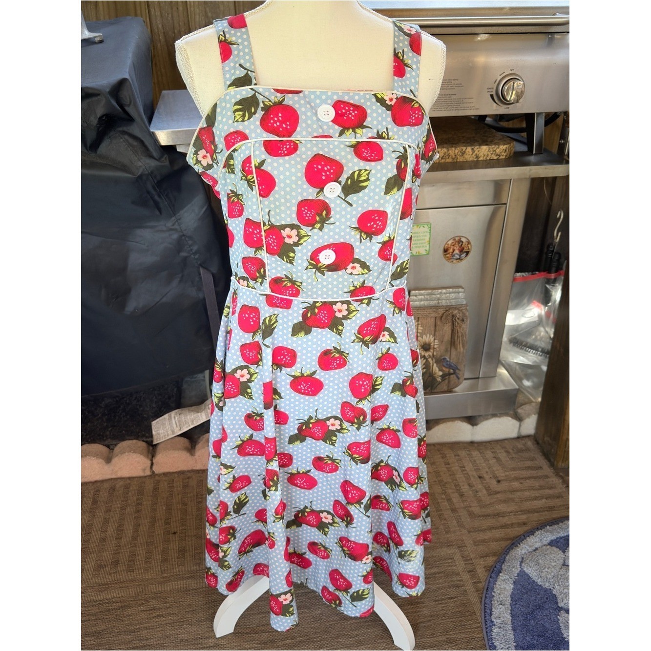 Retro 1950s Strawberry Print Swing Dress Fit & Flare Blue Polka Dot Medium Pinup