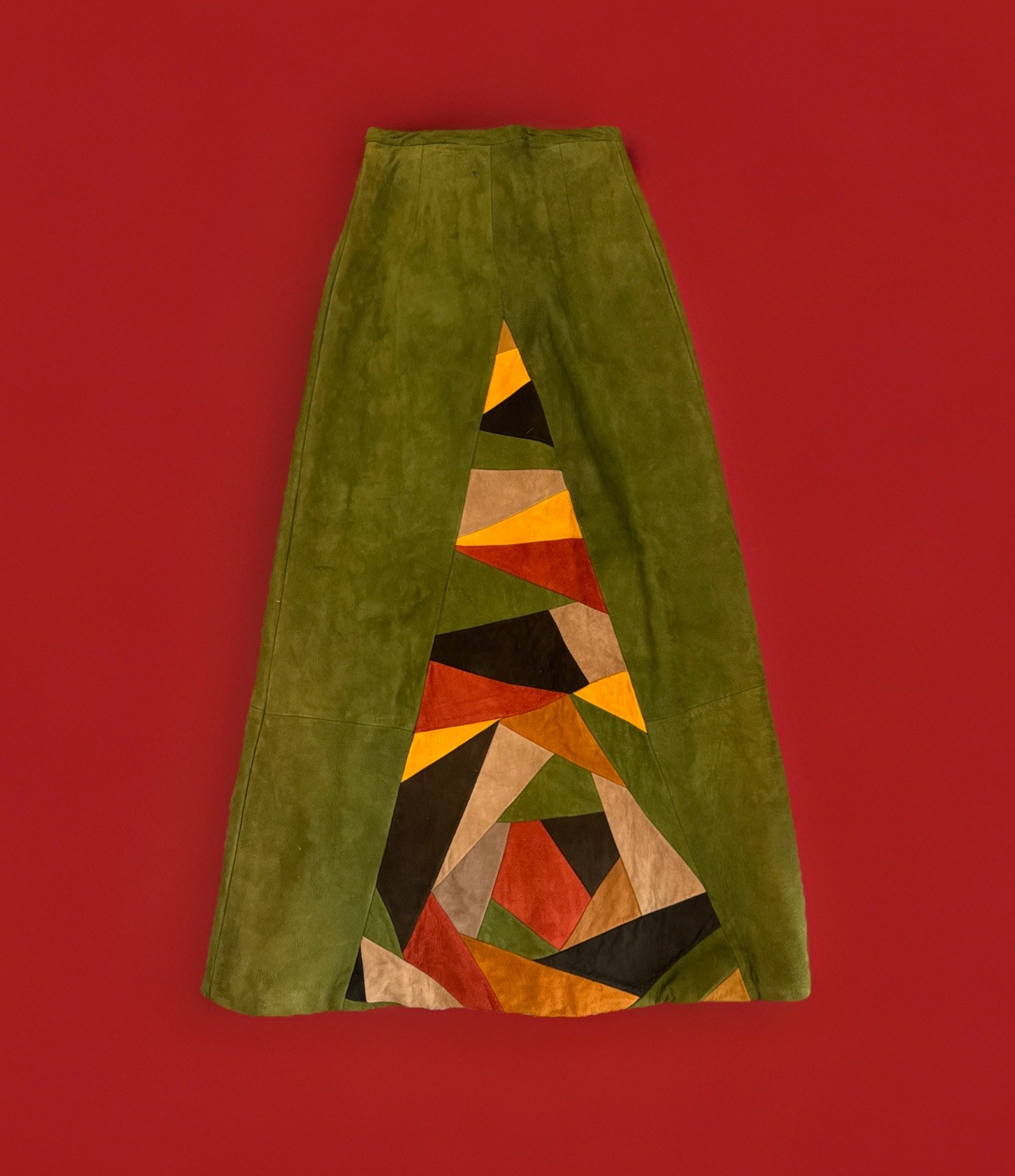 Vtg 60s – 70’s Green Suede Leather Womens Colorblocked Dress Brown Hippie
